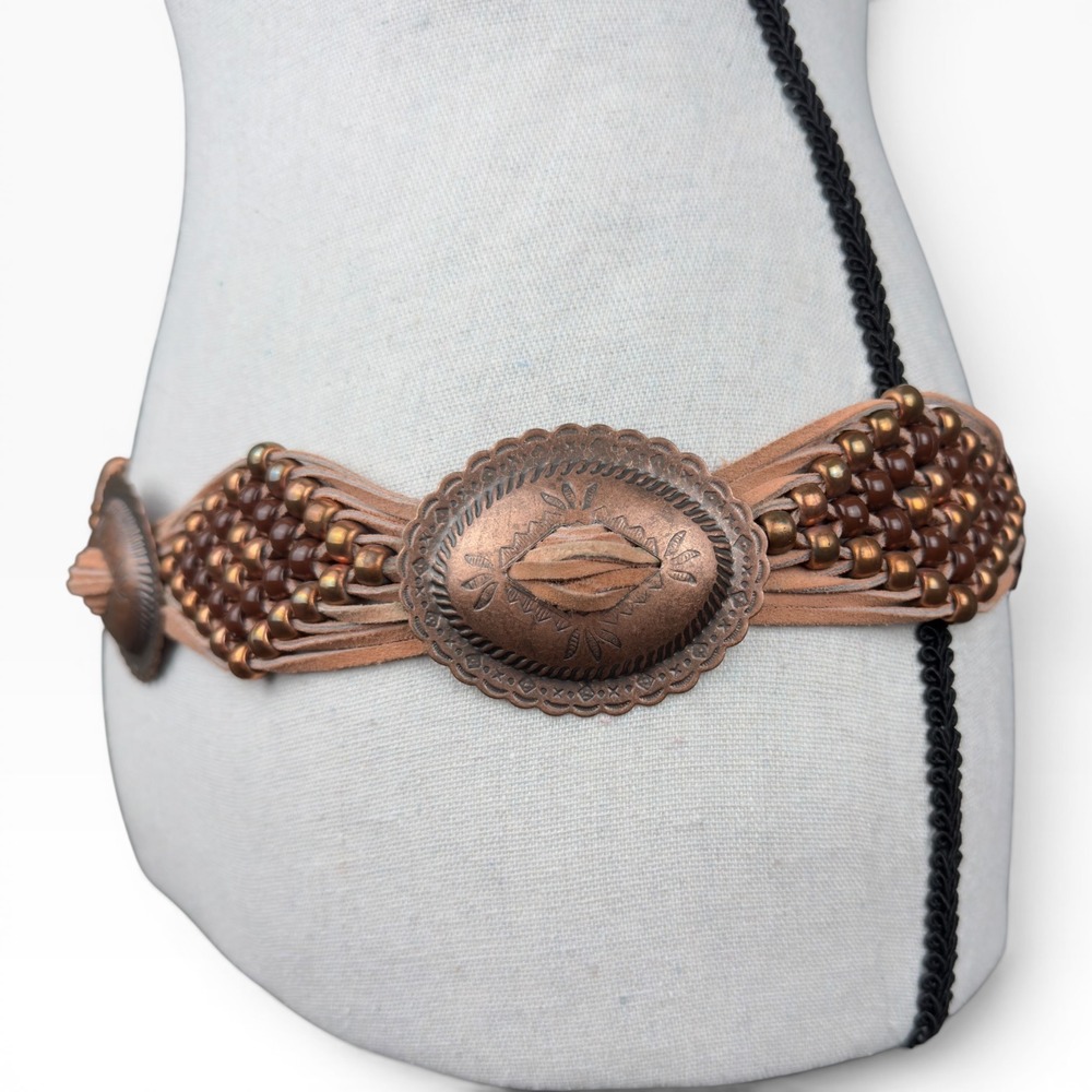 Concho Beaded Leather Waist Belt Womens OS Tan  Western Boho Hippie Fringe Tie - Picture 2 of 7